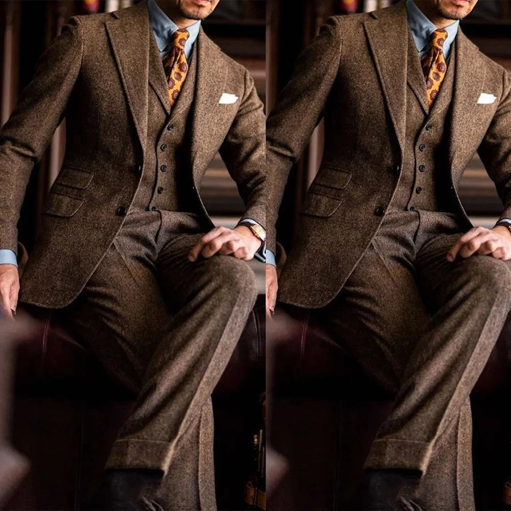 Business Men Suits Tweed Tailor-Made 3 Pieces Slim Fit Coat Pants Prom Tuxedos Wedding Groom Formal Work Casual Customized