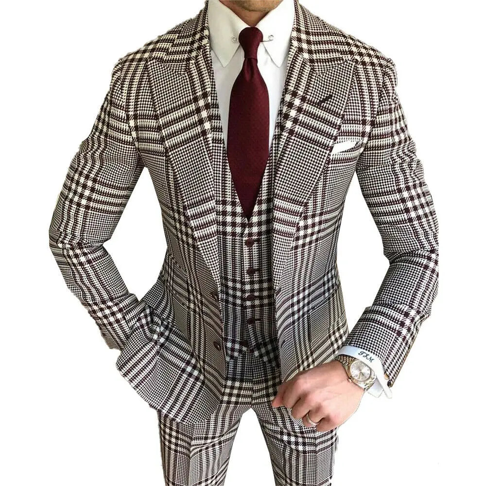 Business Men Suits Tailor-Made Plaid Tuxedo 3 Pieces Blazer Plaid Wedding Groom Groomsman Party Singer Casual Prom Tailored