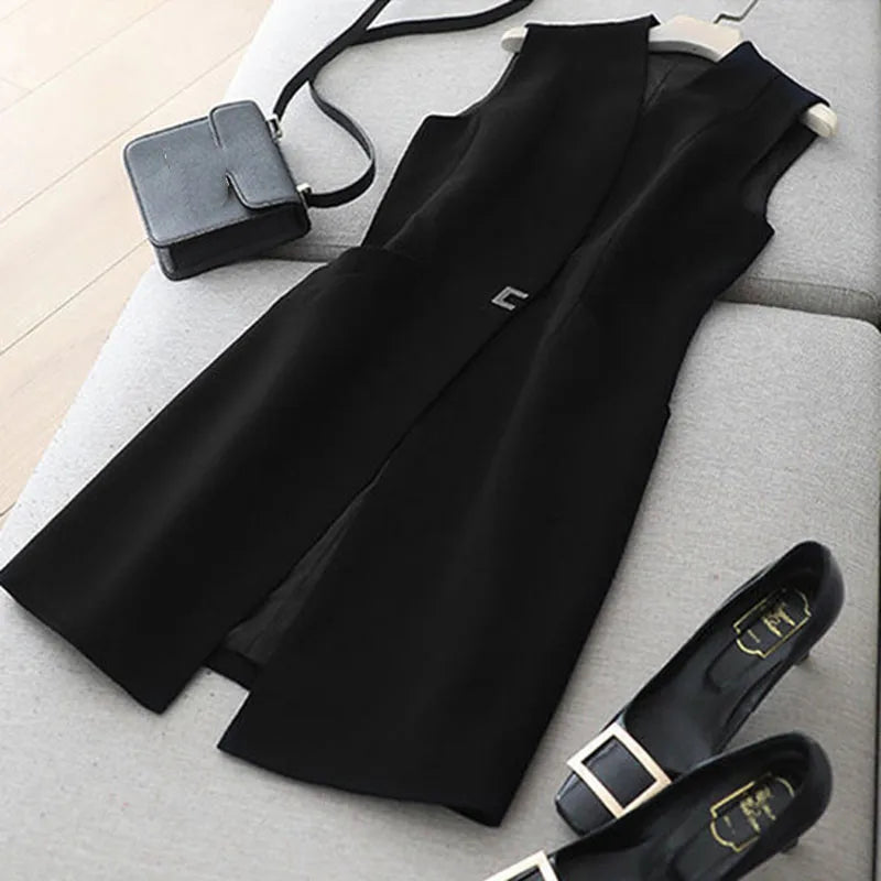 Spring Autumn Women Vest Coat New Fashion Mid Long Sleeveless Blazer Jacket Office Lady Waistcoat Female Outerwear Casual Tops