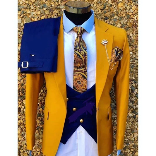 Wedding Suit For Men Yellow Coat With Blue Vest Pants Slim Fit 3 Piece Formal Best Man Party Custom Made Plus Size Suit