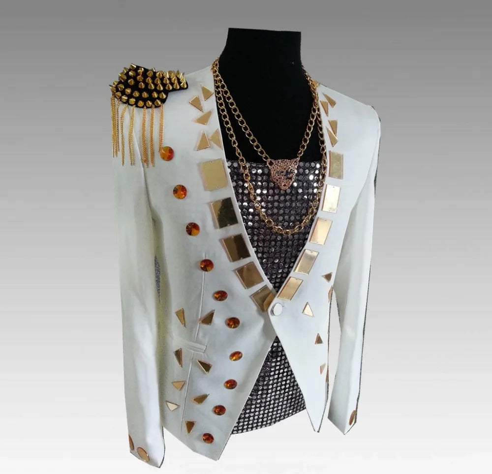 Men's Fashion Silver Black Rivet Sequined Slim Fit Jacket Punk Style Stage Performance Coat Bar Singer Host Nightclub Stage Wear