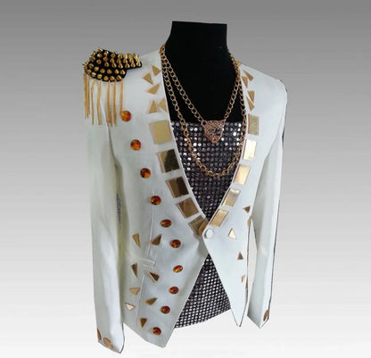 Men's Fashion Silver Black Rivet Sequined Slim Fit Jacket Punk Style Stage Performance Coat Bar Singer Host Nightclub Stage Wear