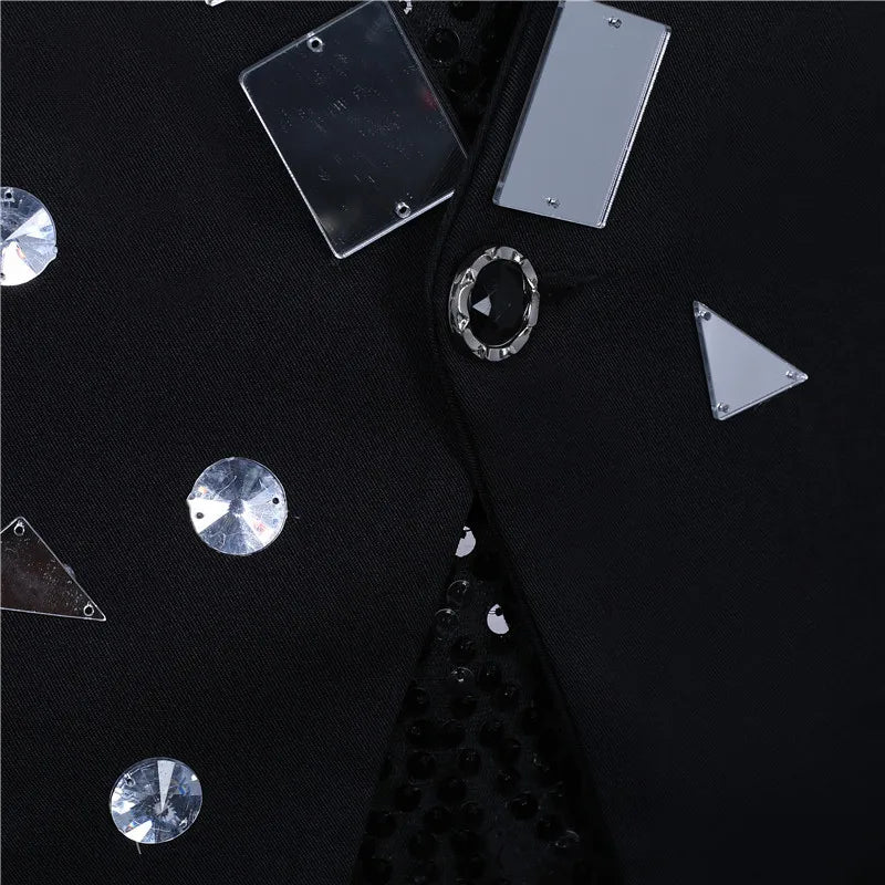 Men's Fashion Silver Black Rivet Sequined Slim Fit Jacket Punk Style Stage Performance Coat Bar Singer Host Nightclub Stage Wear