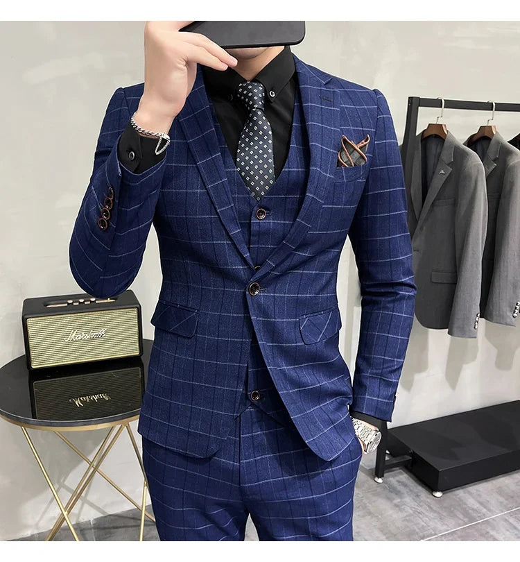 (Jackets +Pants+Vest) Luxury Men Groom Wedding Tuxedo Fashion Plaid Business Suits High Quality Casual Business Suit Three-piece