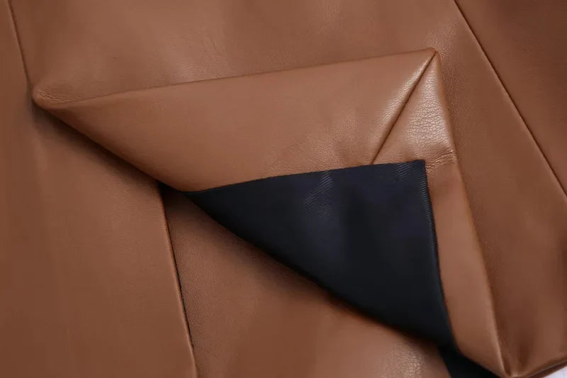 Women Fashion Notched Double Breasted PU Leather Blazers Coat Casual Straight Long Sleeve Back Vents Female Outerwear Chic Tops