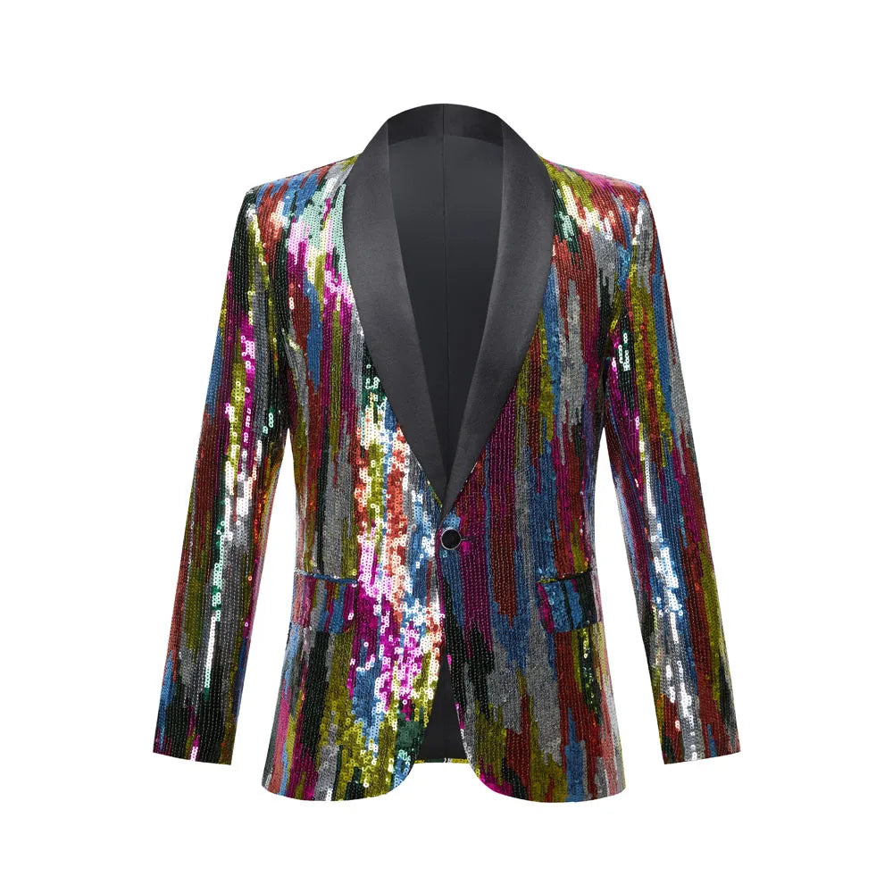 Men's Shiny Sequin Blazer Jacket Stripes Shawl Collar Slim Tuxedo Fashionable Evening Stage Performances Ideal Singers And Hosts