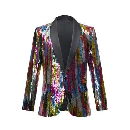 Men's Shiny Sequin Blazer Jacket Stripes Shawl Collar Slim Tuxedo Fashionable Evening Stage Performances Ideal Singers And Hosts
