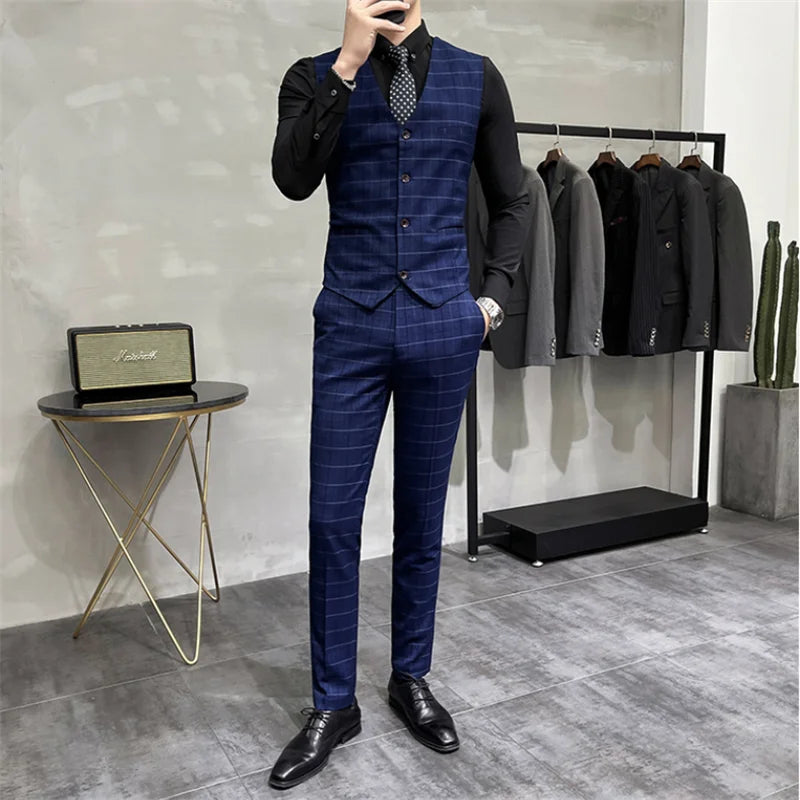 (Jackets +Pants+Vest) Luxury Men Groom Wedding Tuxedo Fashion Plaid Business Suits High Quality Casual Business Suit Three-piece