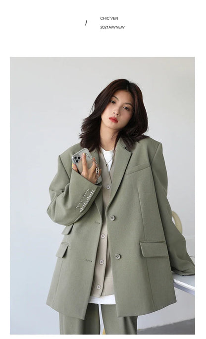 Women Office Lady Blazer Cuff Embroidery Wide Shoulder Twill Suit Women's Autumn Ladies Outerwear  Stylish Tops