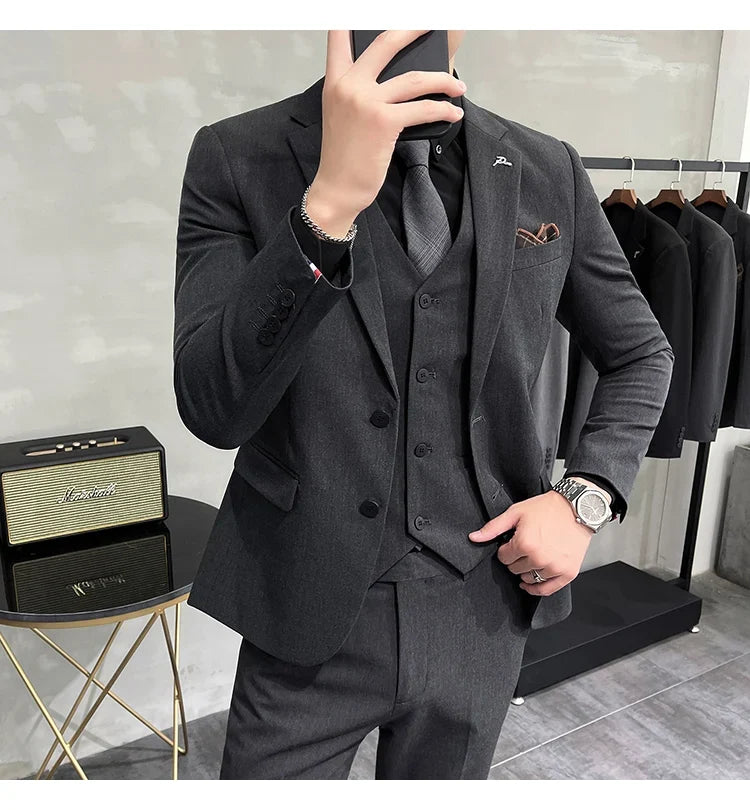 Plus Size S-7XL Man Korean Slim Fit Custom Groom Business Casual Tuxedo Blazers Vest Pant Casual Wedding Social Tuxedo Dress
