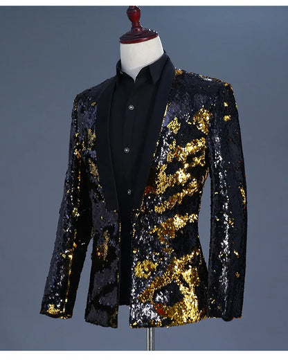 Men's Double-Sided Sequin Tuxedo Blazer Fashion Glitter Suit Jacket Prom Evening Party Host Stage Nightclub Male Singer Costume