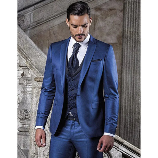Custom Made Blue Terno Groom Tuxedos Groomsmen Costume Homme Mens Wedding Suit Slim Fit Men Suit ( Jacket+Pants+vest)