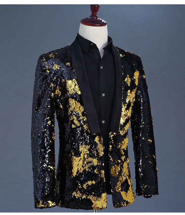 Men's Double-Sided Sequin Tuxedo Blazer Fashion Glitter Suit Jacket Prom Evening Party Host Stage Nightclub Male Singer Costume