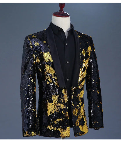 Men's Double-Sided Sequin Tuxedo Blazer Fashion Glitter Suit Jacket Prom Evening Party Host Stage Nightclub Male Singer Costume