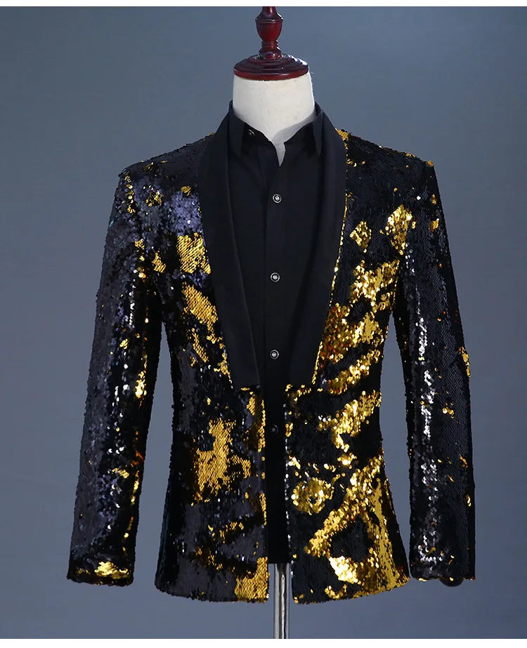 Men's Double-Sided Sequin Tuxedo Blazer Fashion Glitter Suit Jacket Prom Evening Party Host Stage Nightclub Male Singer Costume