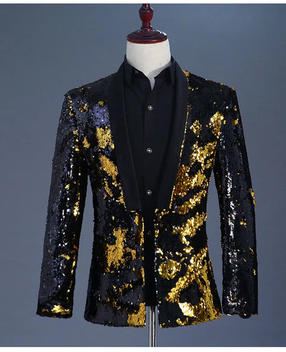 Men's Double-Sided Sequin Tuxedo Blazer Fashion Glitter Suit Jacket Prom Evening Party Host Stage Nightclub Male Singer Costume