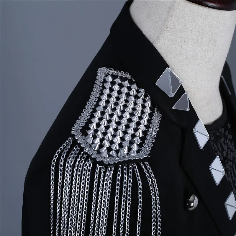 Male Black Mirror Rivet Blazer Men Singer Bar Nightclub Sequins Tassel Tuxedo Jacket Performance Stage Slim Coat Costume