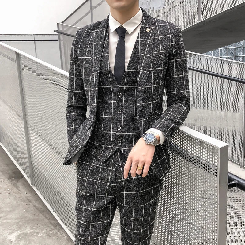Men's Plaid Formal Business Suit – Jacket, Vest & Pants | Smart Casual Wedding Suit