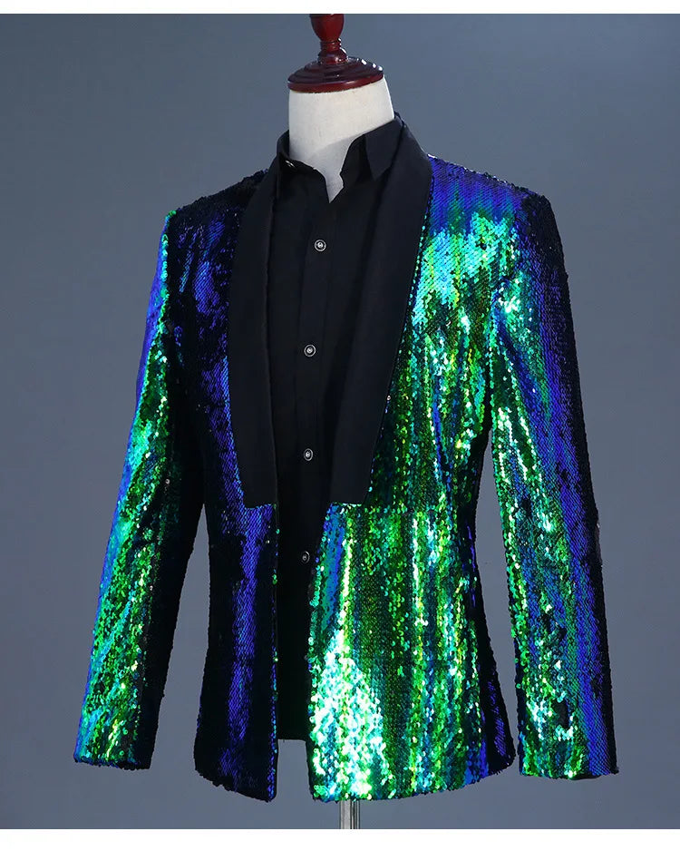 Men's Double-Sided Sequin Tuxedo Blazer Fashion Glitter Suit Jacket Prom Evening Party Host Stage Nightclub Male Singer Costume