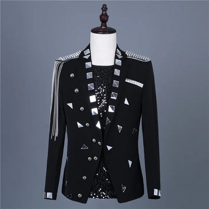 Male Black Mirror Rivet Blazer Men Singer Bar Nightclub Sequins Tassel Tuxedo Jacket Performance Stage Slim Coat Costume