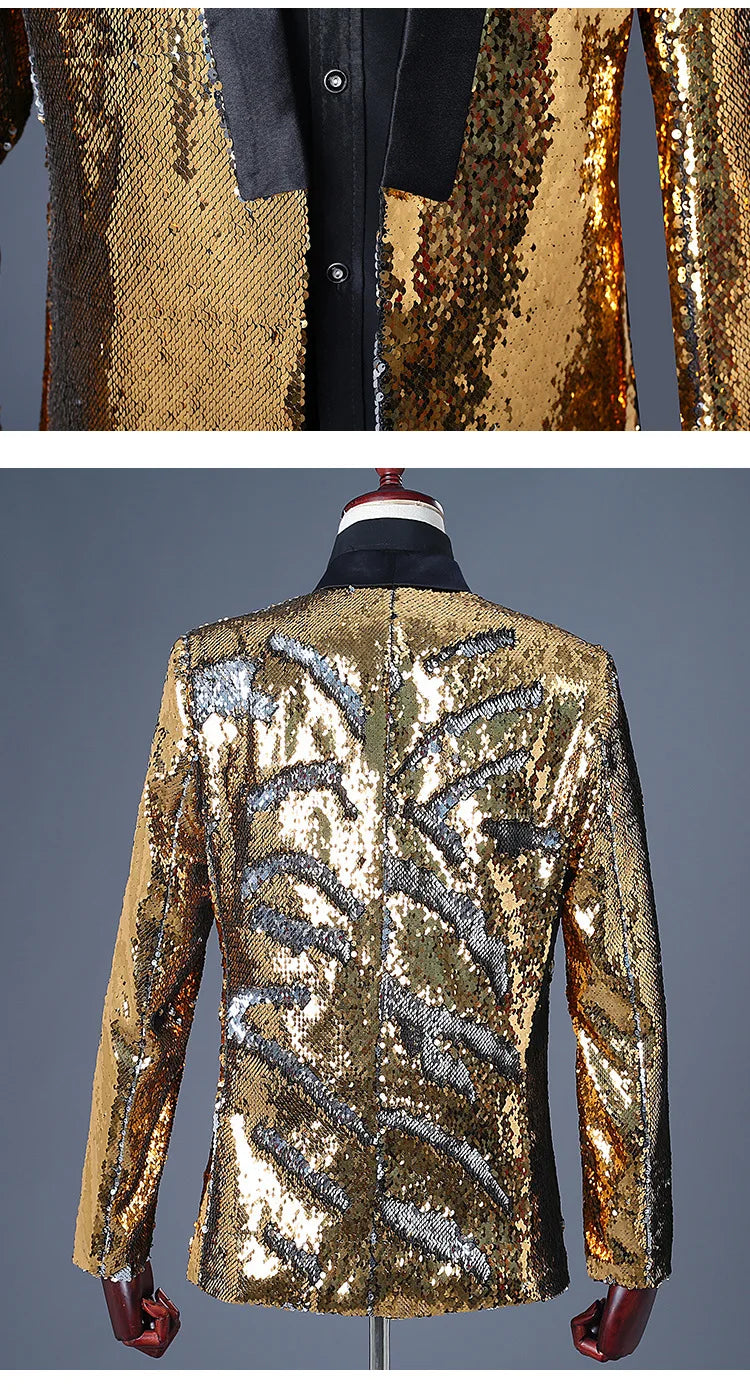 Men's Double-Sided Sequin Tuxedo Blazer Fashion Glitter Suit Jacket Prom Evening Party Host Stage Nightclub Male Singer Costume