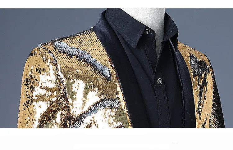 Men's Double-Sided Sequin Tuxedo Blazer Fashion Glitter Suit Jacket Prom Evening Party Host Stage Nightclub Male Singer Costume