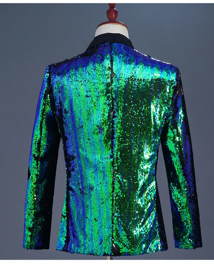 Men's Double-Sided Sequin Tuxedo Blazer Fashion Glitter Suit Jacket Prom Evening Party Host Stage Nightclub Male Singer Costume