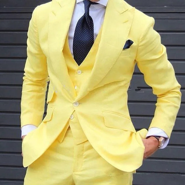 Yellow 3 Pieces Men Suits Custom Made Latest Coat Pant Designs Fashion Wedding Grooms Suit Jacket
