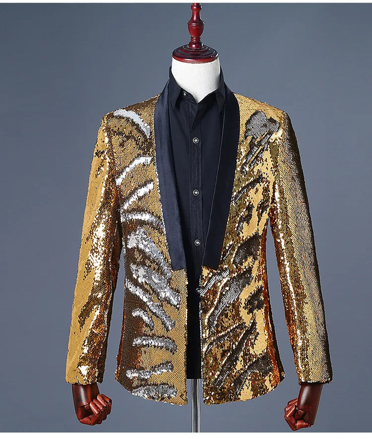 Men's Double-Sided Sequin Tuxedo Blazer Fashion Glitter Suit Jacket Prom Evening Party Host Stage Nightclub Male Singer Costume