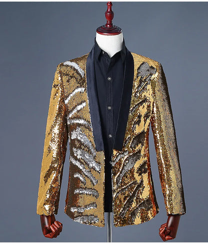 Men's Double-Sided Sequin Tuxedo Blazer Fashion Glitter Suit Jacket Prom Evening Party Host Stage Nightclub Male Singer Costume