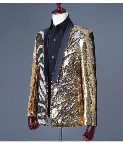 Men's Double-Sided Sequin Tuxedo Blazer Fashion Glitter Suit Jacket Prom Evening Party Host Stage Nightclub Male Singer Costume