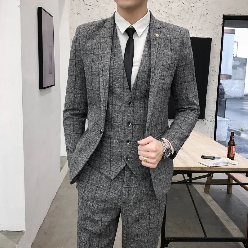 Men's Plaid Formal Business Suit – Jacket, Vest & Pants | Smart Casual Wedding Suit