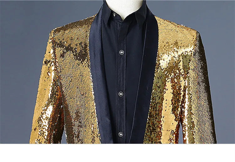 Men's Double-Sided Sequin Tuxedo Blazer Fashion Glitter Suit Jacket Prom Evening Party Host Stage Nightclub Male Singer Costume