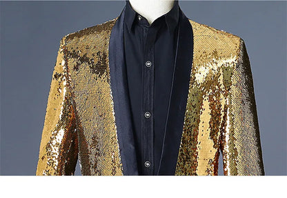 Men's Double-Sided Sequin Tuxedo Blazer Fashion Glitter Suit Jacket Prom Evening Party Host Stage Nightclub Male Singer Costume