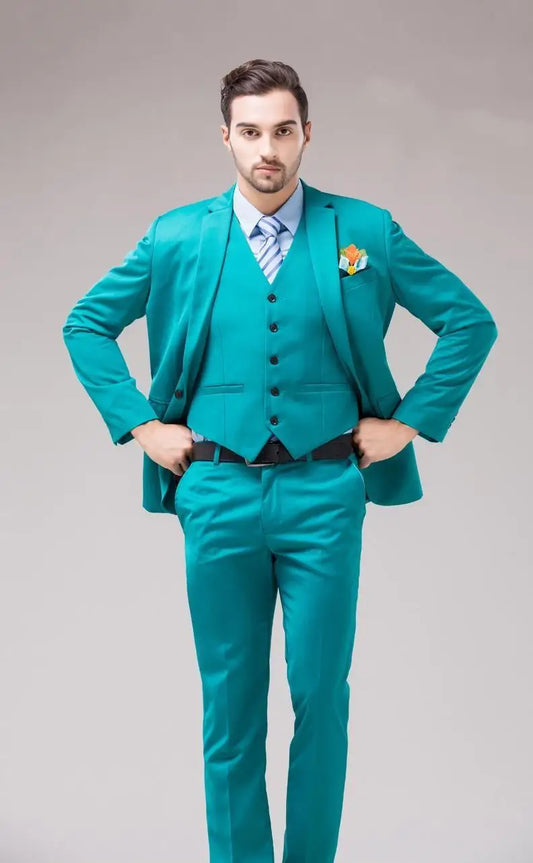 Green Blue Groom Tuxedos Notch Lapel Men's Suit Turquoise Bridegroom Wedding Dinner Best Man Suit (Jacket+Pants+Vest)