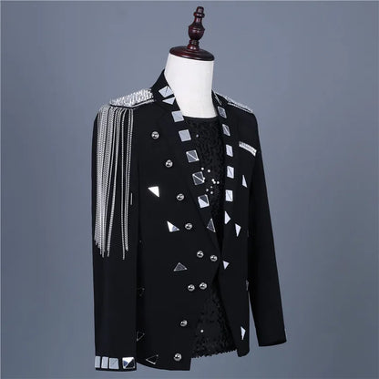 Male Black Mirror Rivet Blazer Men Singer Bar Nightclub Sequins Tassel Tuxedo Jacket Performance Stage Slim Coat Costume