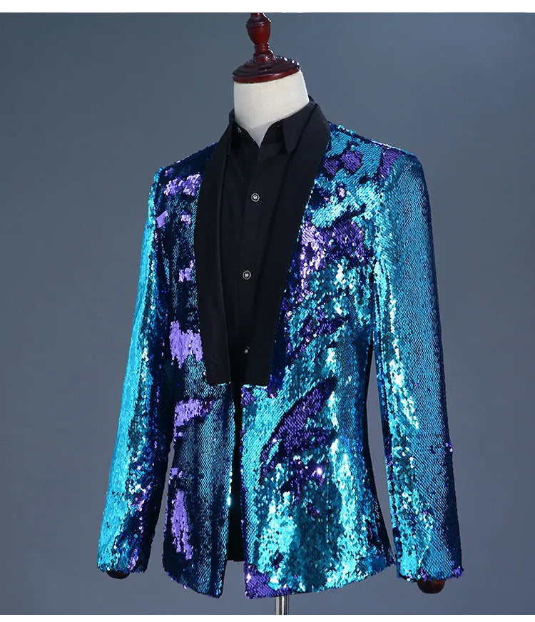 Men's Double-Sided Sequin Tuxedo Blazer Fashion Glitter Suit Jacket Prom Evening Party Host Stage Nightclub Male Singer Costume