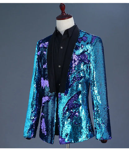 Men's Double-Sided Sequin Tuxedo Blazer Fashion Glitter Suit Jacket Prom Evening Party Host Stage Nightclub Male Singer Costume