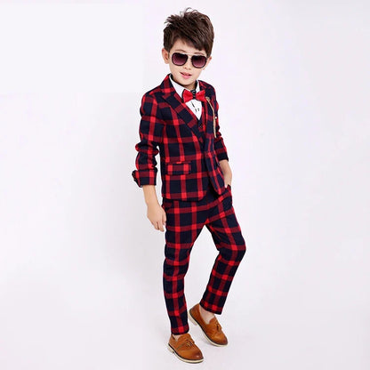 Flower Boys Formal School Suits for Weddings Boys Brand Plaid Blazer Vest Pants 3pcs Tuxedo Kids Prom Party Dress Clothing Sets
