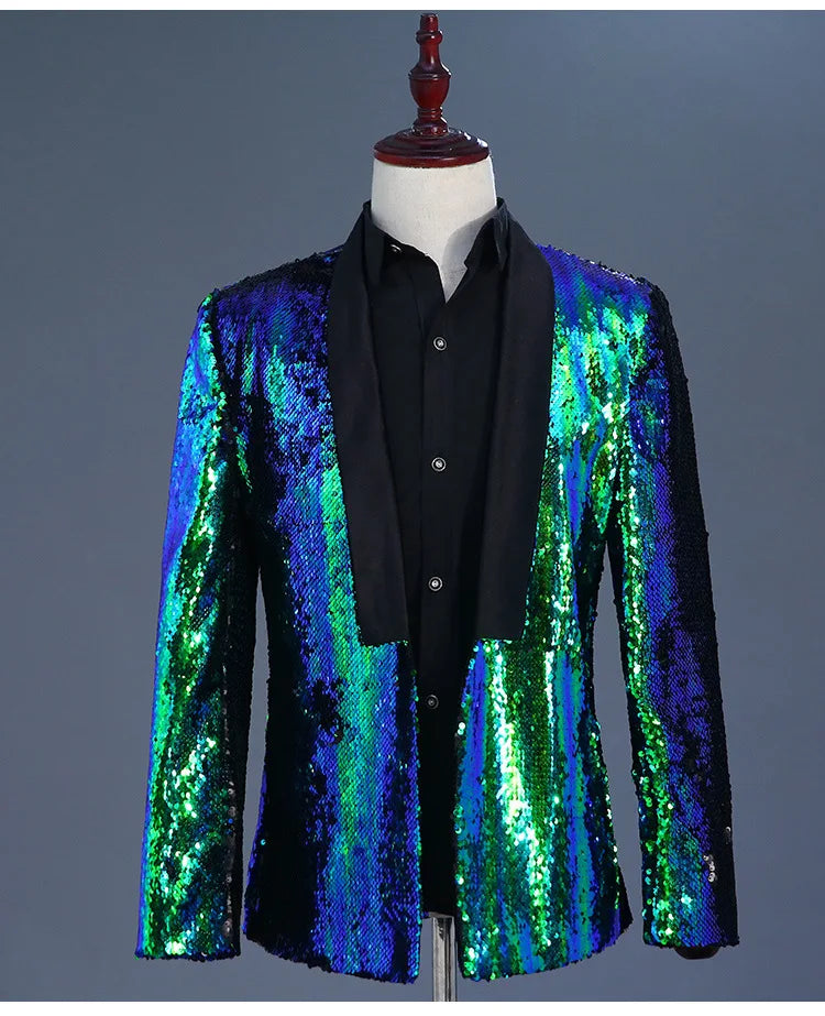 Men's Double-Sided Sequin Tuxedo Blazer Fashion Glitter Suit Jacket Prom Evening Party Host Stage Nightclub Male Singer Costume