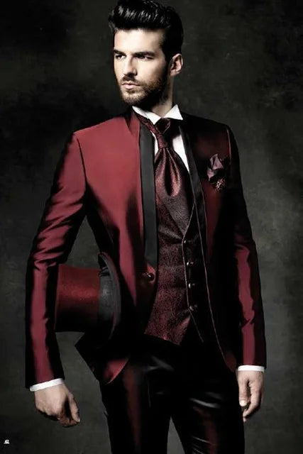 Embossing Slim Fit Wedding Tuxedo for Groom 3 Piece Men's Suits Jacket Waistcoat with Pants Notched Lapel Male Costume Coat