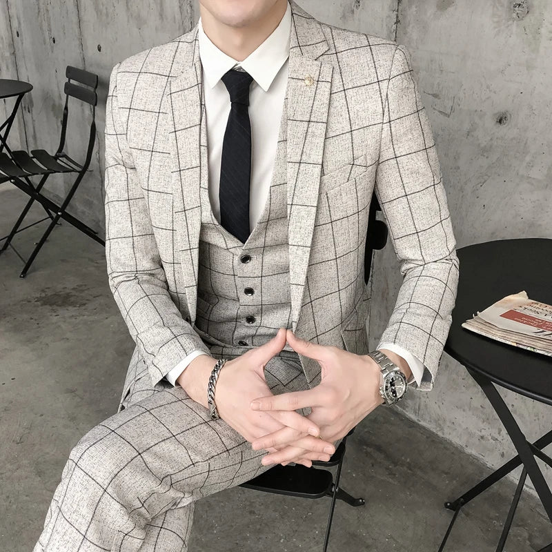 Men's Plaid Formal Business Suit – Jacket, Vest & Pants | Smart Casual Wedding Suit