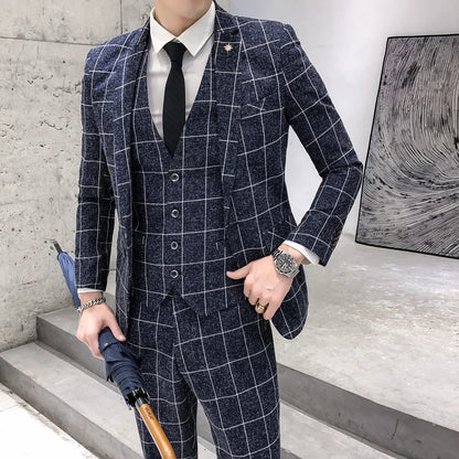 Men's Plaid Formal Business Suit – Jacket, Vest & Pants | Smart Casual Wedding Suit