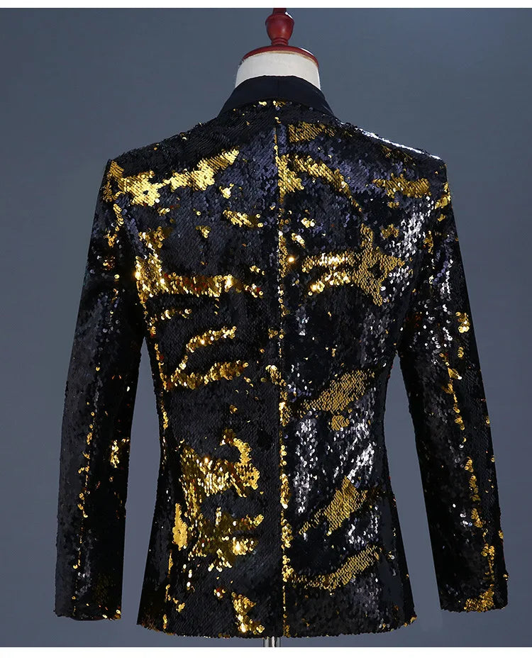 Men's Double-Sided Sequin Tuxedo Blazer Fashion Glitter Suit Jacket Prom Evening Party Host Stage Nightclub Male Singer Costume