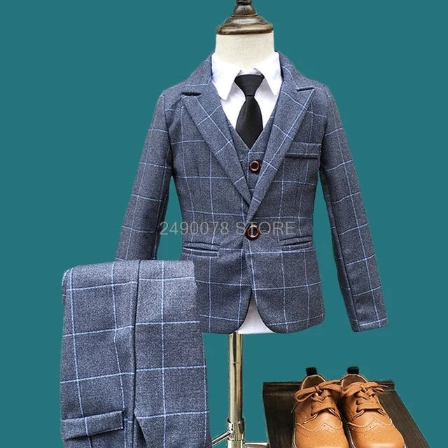 Flower Boys Formal School Suits for Weddings Boys Brand Plaid Blazer Vest Pants 3pcs Tuxedo Kids Prom Party Dress Clothing Sets