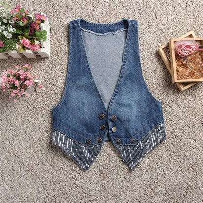 Women Denim Vest Coats Spring Summer Casual Tops Fashion Sequins Jeans Outerwear Female Vests Short Sleeveless Jacket Waistcoat
