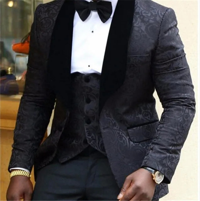 Embossing Slim Fit Wedding Tuxedo for Groom 3 Piece Men's Suits Jacket Waistcoat with Pants Notched Lapel Male Costume Coat