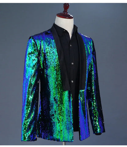Men's Double-Sided Sequin Tuxedo Blazer Fashion Glitter Suit Jacket Prom Evening Party Host Stage Nightclub Male Singer Costume