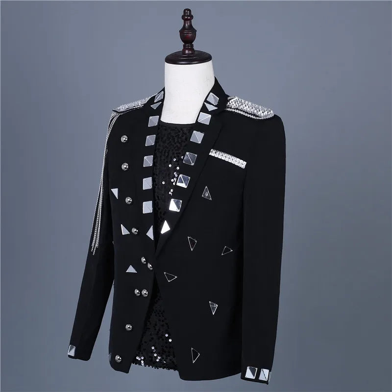 Male Black Mirror Rivet Blazer Men Singer Bar Nightclub Sequins Tassel Tuxedo Jacket Performance Stage Slim Coat Costume