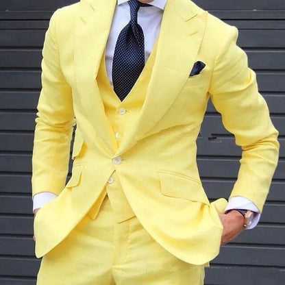 Yellow 3 Pieces Men Suits Custom Made Latest Coat Pant Designs Fashion Wedding Grooms Suit Jacket